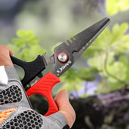 SAMSFX 6.5" Pro Fishing Shears Dual Serrated Blades, Fishing Braided Line Scissors with Titanium Coating, Non-Slip Grip & Multifunction Tool, Includes Hard Molded Locking Sheath & Coiled Lanyard - color: A: Black & Red Kraton Handle, Hard Sheath