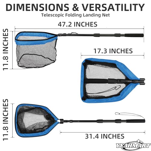 Yeahmart Floating Fishing Net Foldable Landing Net with Pole Handle, Blue | Portable Fishing Gear with Rubber Coated Mesh & Aluminum Handle for Kayak, Fly, Trout, Steelhead, Salmon, Bass Fishing - size: 47.2" Total Length (Telescopic Handle)