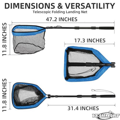Yeahmart Floating Fishing Net Foldable Landing Net with Pole Handle, Blue | Portable Fishing Gear with Rubber Coated Mesh & Aluminum Handle for Kayak, Fly, Trout, Steelhead, Salmon, Bass Fishing - size: 47.2" Total Length (Telescopic Handle)