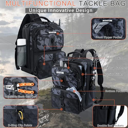 Fishing Backpack with Fish Rod & Lures Kit Lightweight 25L Tackle Bag with Fishing Gear and Tackle Boxes, Fish Gifts for Men Woman-Black Camo Backpack - color: Black Camo Backpack