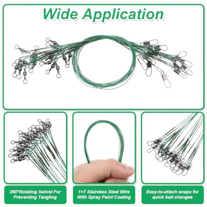 50 Pcs Fishing Leaders with Swivels, Steel Wire Fishing Leader | High-Strength Anti-Bite Wire Leader Line Kit for Saltwater Freshwater, Connects Lures, Hooks, Rigs (Green, 4/6/8/10/12 Inch) - color: Green