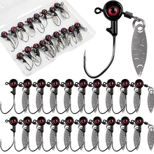 Crappie Jig Heads Fishing Lures Kit, 15pcs Underspin Jig Heads with Spinner Blade Crappie Lures Eye Ball Head Painted Fishing Jigs for Bass, Trout, Panfish, Sunfish - color: Black, size: 3/16oz