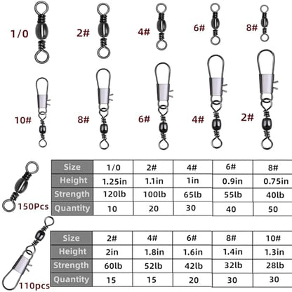 260Pcs/Box with Stainless Steel Fishing Barrel Swivels 150Pcs /Barrel Swivels with Snaps 110Pcs Mix,High Strength Connector for Quick Change Fishing Lure or Line Tackle Saltwater Freshwater