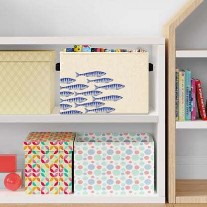 Blue Fish Coastal Beach Storage Bins Box with Handles, Ocean Nautical Sardine Fish Laundry Basket Hamper Collapsible Clothes Toys Organizer for Boys Room Nursery Bathroom Home - color: Blue Fish Coastal