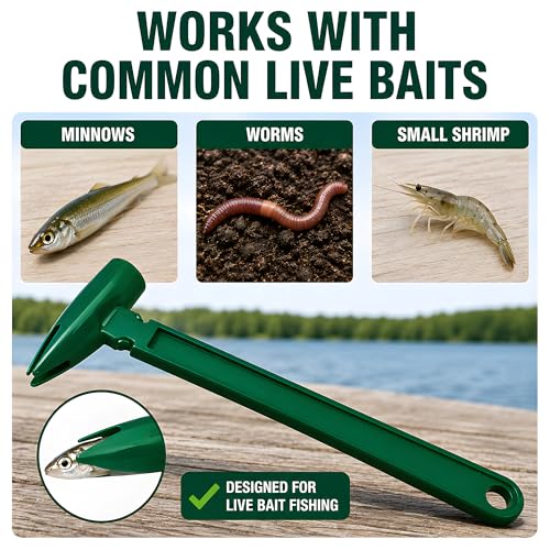 Live Bait Catcher Tool, Fishing Bait Holder and Hooking Aid | For minnows, earthworms, and shrimp during hook setup; compact green design stores easily in a tackle box.