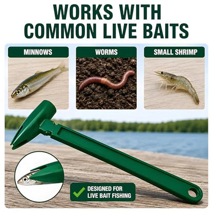 Live Bait Catcher Tool, Fishing Bait Holder and Hooking Aid | For minnows, earthworms, and shrimp during hook setup; compact green design stores easily in a tackle box.