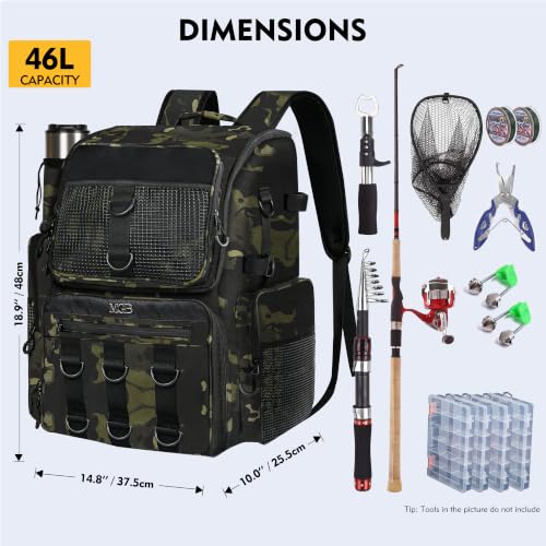 MGB Fishing Tackle Backpack with Rod Holders & YKK Zipper, 46L Fishing Bag with Bottle Holder, Storage Bag Store Fishing Gear - color: Green+black Camo（without Tackle Box）