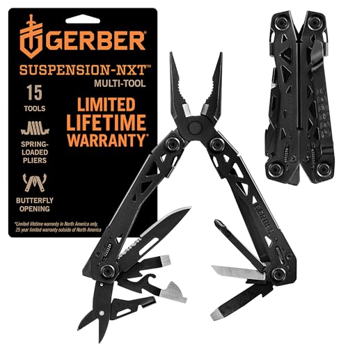 Gerber Suspension NXT 15-in-1 EDC Multitool, Pliers w/ Pocket Knife, Black | Needle nose pliers, wire stripper, 15 tools, camping/survival gear, EDC pocket clip, lightweight - color: Black