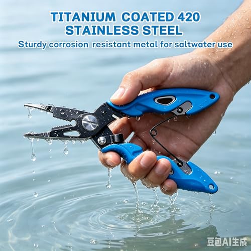 7.5" 420 Stainless Steel Fishing Pliers - Uni-Body Construction, Lightweight Corrosion-Resistant Fishing Tool with Multi-Function Jaws, Braid Cutters, Sheath, Lanyard & Carabiner (light blue) - color: Light Blue