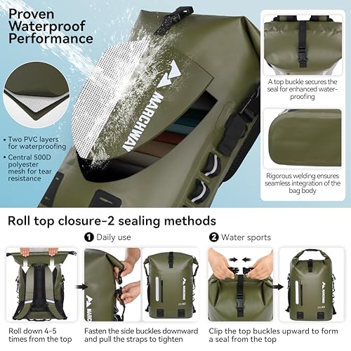 MARCHWAY Roll Top Waterproof Backpack, Floating Dry Bag 20L/30L/45L with Ergonomic Rectangular Base, Cushioned Back, Hip Strap for Hiking Camping Kayaking Travel (Army Green, 45L) - color: Army Green, size: 45L
