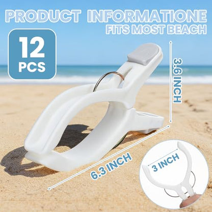 Amyhill 12 Pack Beach Towel Clips Extra Large 6.3 Inch Pool Towel Clips for Chairs Pool Cruise Pontoon Boat Jumbo Windproof Heavy Duty Blanket Clamps Holder for Clothes Pegs Hanging Outdoor, White