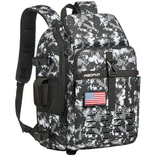 Piscifun Fishing Tackle Backpack with Rod & Gear Holder, Lightweight Outdoor Water-Resistant Fishing Shoulder Storage Bag with Protective Rain Cover, Digital Camouflage - color: Digital Camouflage, size: Large