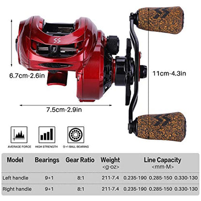 Sougayilang Baitcasting Reels, 8:1 Gear Ratio Fishing Reel with Magnetic Braking System Casting Reel, 9 + 1 Ball Bearings Super Smooth Anti-Corrosion Baitcaster Reel - color: Energy Red-Right