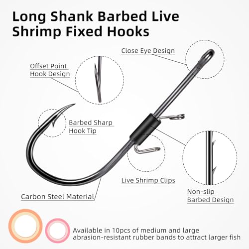 FishTrip Baitholder Fishing Hooks, 10/15pcs Live Shrimp Fixed Hooks Carbon Steel Long Shank Barbed Hooks for Redfish, Bream, Trout, bass 2/0 3/0 4/0