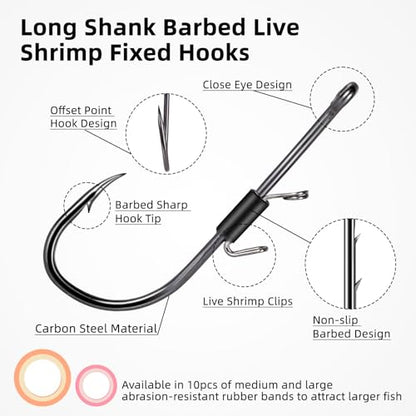 FishTrip Baitholder Fishing Hooks, 10/15pcs Live Shrimp Fixed Hooks Carbon Steel Long Shank Barbed Hooks for Redfish, Bream, Trout, bass 2/0 3/0 4/0