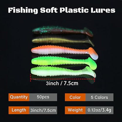 Paddle Tail Swimbaits, 50 PCS Ribbed 3 Inchs Soft Plastic Fishing Lures for Bass Trout Crappie Walleye Saltwater/Freshwater Fishing - color: Multicolor