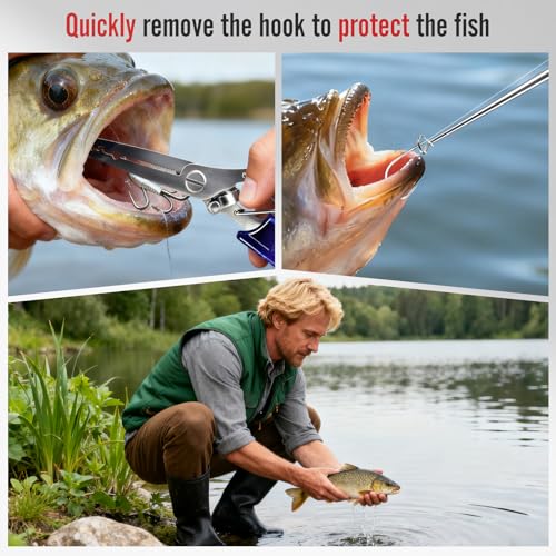 Fishing Pliers & Fish Hook Remover Tool Kit - 2 Stainless Steel Hook Removers with 1 Split Ring Pliers, Non-Slip Handle for Bass Trout Catfish, Saltwater Freshwater Family Fishing Gear