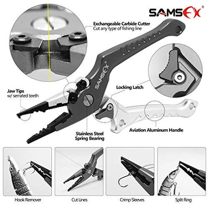 SAMSFX Aluminum Fishing Pliers Hook Remover Braid Line Cutter with Coiled Lanyard, Fly Fishing Knot Tying Tool & Retractors - color: Silver & Gray Handle, Split Ring Nose