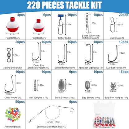 220pcs Fishing Bobbers Tackle Kit Beginners Fishing Kit | Includes Hooks, Bobbers, Sinkers Weights, Swivel Snaps, Starter Tackle Box Kit for Artificial and Live Baits - style: 220pcs Kit