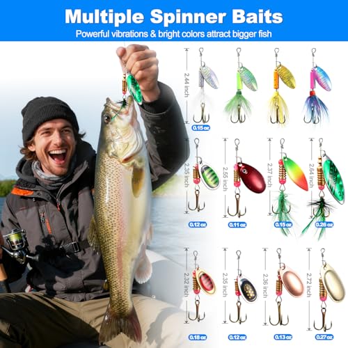 Fishing Lures Inline Spinner Baits, Trout Bass Fishing Gears with Treble Ultra-Sharp Hooks, Rooster Tail Fishing Lures for Trout Salmon