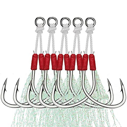 THKFISH Fishing Assist Hooks Saltwater Dancing Stinger Jigging Hooks Double Assist Replacement Fishing Hooks for Slow Pitch Jigs Vertical Jigging Lures 5pcs/15pcs/20pcs - color: red, size: #2/0-5pcs