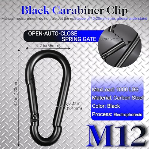 12 Pack 4.7" Heavy Duty Carabiner Clips, M12 Black Galvanized Steel Spring Snap Hooks, Rust-Resistant Keychain Clips for Hammock, Camping, Hiking, Fishing, Swing Set - color: Black, size: M12-4.7"