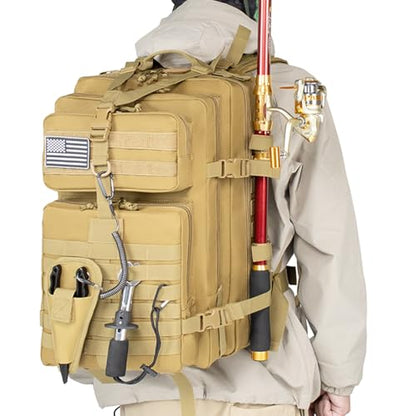 TBNBO 45l Large Fishing Tackle Backpack with Removable Plier Holder & Rod Holders, Khaki Tactical Bag, Fishing Gear and Tackle Box Organizer, Hiking Rucksack without Tackle Box - color: Khaki