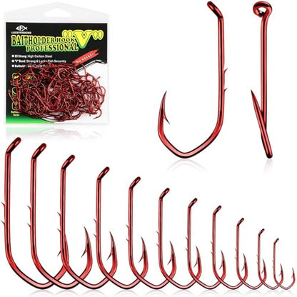 LUCKYFISHING Baitholder Fishing Hooks Saltwater Freshwater 100/80/70/60pcs Professional V Bait Holder Hooks for Bass Trout Crappie Soft Live Baits Black Red with Size 1 2 4 6 8 1/0-6/0 - color: Red, size: 1/0-100pcs