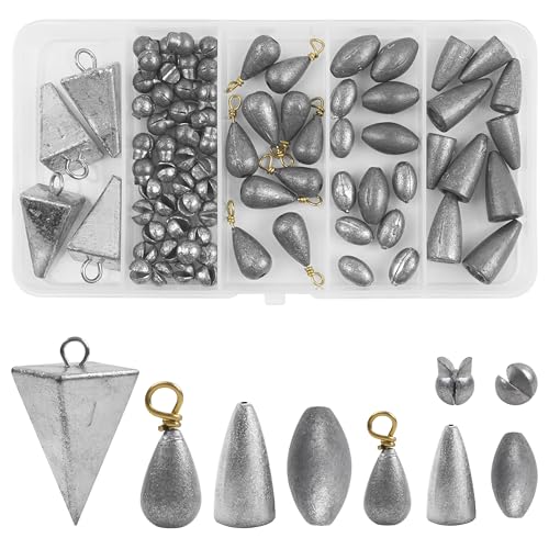 Fishing Weights Sinkers, 77pcs Drop Bass Weights Sinker Saltwater Casting Fishing Sinkers Assortment Set Pyramid Sinker Bullet Worm Weight Catfish for Freshwater Surf Fishing