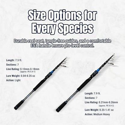 Reaction Tackle Telescopic Spinning Rod Series– Carbon Travel Fishing Rod – Collapsible Rod for Freshwater and Saltwater - size: Medium/Heavy (95")
