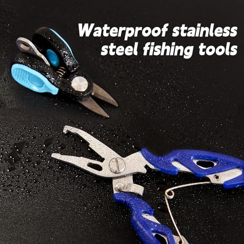 4pc Fishing Tool Kit, Fishing Serrated Scissors , Multifunctional Pliers, Lip Gripper,Retractable lanyard, Resistant Saltwater Accessories & Equipment, for Hook Remover, Inshore & Nearshore