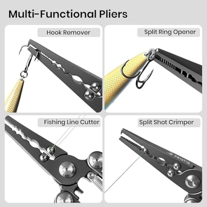 Pristis Foldable Fishing Pliers with Multitools, Saltwater Resistant Titanium Coated Stainless Steel, Portable Full-Sized Forceps with Tungsten Line Cutter, Ring Splitter, Hook Remover and Multi Tool