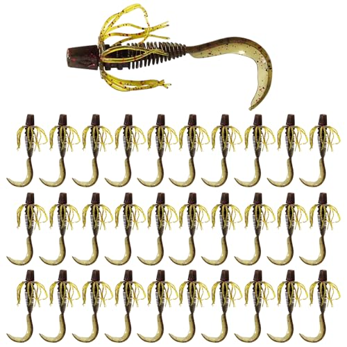 Eupheng 2.56Inch/3.56Inch Curly Style Tail Worms with Adjustable Skirt, Realistic Wavy Tail Soft Bait Grub Swimbaits, Slow Fall Action for Bass, Trout & Crappie - color: Dark Green With Reddish-Brown, size: 3.15inch(8cm)/3.3g-30 Sets