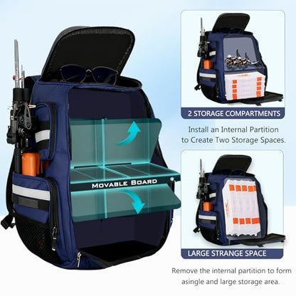 45L Fishing Tackle Backpack with Rod Holders, Waterproof Large Fishing Back Pack Storage Bags & Wraps Gear And Equipment for Men for Camping Hiking, Bottle Holder - color: Blue