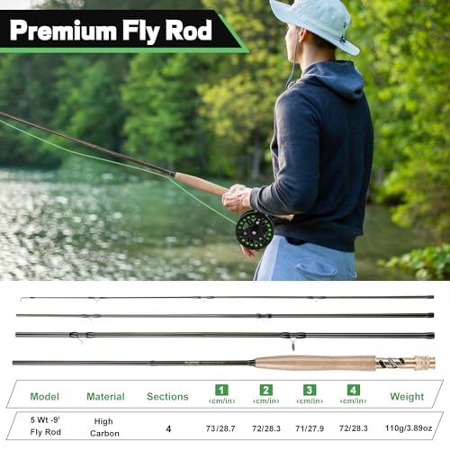 PLUSINNO Fly Fishing Rod and Reel Combo, 4 Piece Lightweight Ultra-Portable Graphite Fly Rod 5/6 Complete Starter Package with Carrier Bag