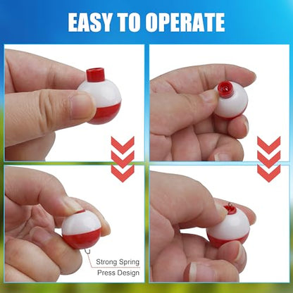 SILANON Fishing Bobbers Set Hard ABS Fishing Floats Bulk Snap on Round Bobbers for Fishing Push Button Fishing Bobbers Floats Assortment Red and White Buoy Floats 0.5-2.5inch - size: 1.5inch-25pcs