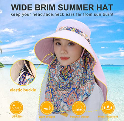 Women Wide Brim Face Mask Sun Hat Detachable Neck Face Flap Ponytail UV Protection Visor Hat Garden Fishing Hiking - color: M9099-xueyafen