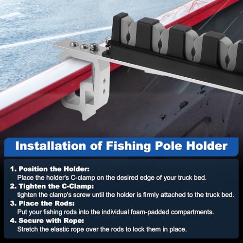 2X Aluminum Fishing Rod Holder for Truck Bed, Capacity, Stable C-Clamp Mount, Fishing Pole Storage Rack Holder for Truck Pickup Boat