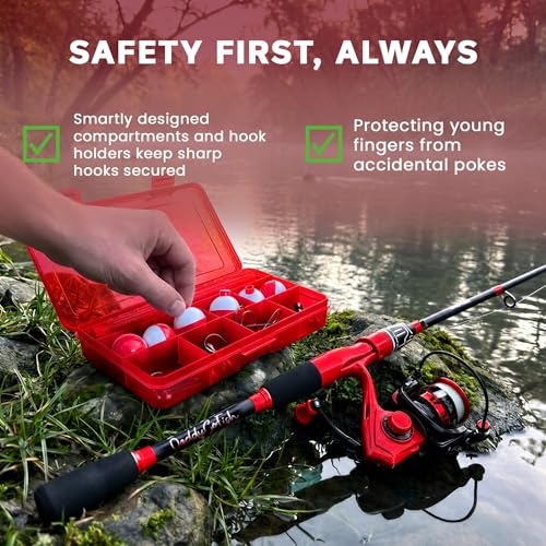 DaddyGoFish Spinning Fishing Rod and Reel Combo Set with Tackle Box | Kids Fishing Pole | Carbon Fiber Telescopic Fishing Rod Kit | Spinning Reel for Travel Saltwater Freshwater Fishing Gear Kit - color: Red