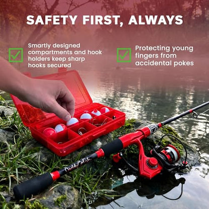 DaddyGoFish Spinning Fishing Rod and Reel Combo Set with Tackle Box | Kids Fishing Pole | Carbon Fiber Telescopic Fishing Rod Kit | Spinning Reel for Travel Saltwater Freshwater Fishing Gear Kit - color: Red