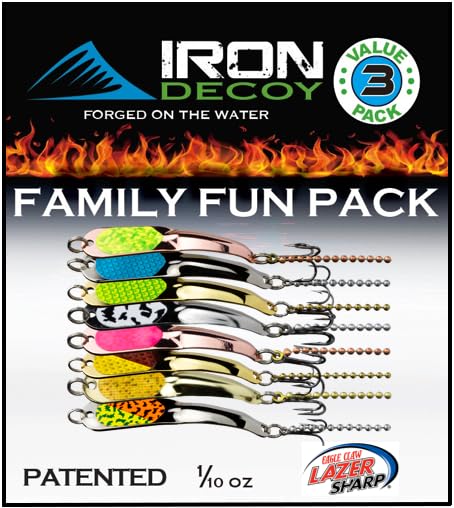 IRON DECOY Spoon Fishing Lures 3-Pack, Multi-Species Metal Spoons for Trout, Walleye, Bass, Salmon, Pike, Ice Fishing & Trolling, Vibrating Spoon Lure Kit - color: Family 8-Pack, 1/10 oz
