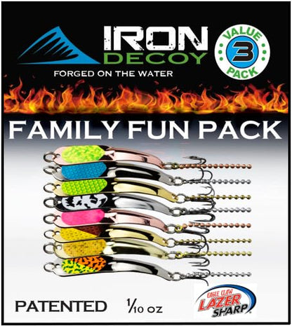 IRON DECOY Spoon Fishing Lures 3-Pack, Multi-Species Metal Spoons for Trout, Walleye, Bass, Salmon, Pike, Ice Fishing & Trolling, Vibrating Spoon Lure Kit - color: Family 8-Pack, 1/10 oz