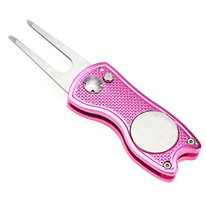 Mile High Life Microfiber Waffle Pattern Golf Towel | Club Groove Cleaner Brush | Foldable Divot Tool with Magnetic Ball Marker (Pink Towel/Brush/Fish Divot) - color: Pink Towel/Brush/Fish Divot