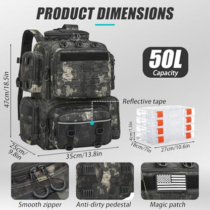 Tactical Fishing Tackle Backpack with Tackle Boxes, Rod Holders, Bottle Holder, 50 L Large Insulated Fishing Backpack Tackle Box with Cooler, Fishing Bag Store Gear & Equipment, Black CM - color: Black CM