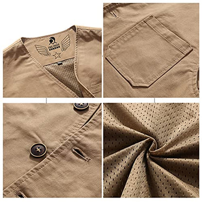PRIJOUHE Men's Casual Outdoor Cotton Vest Lightweight Breathable Multi-Pocket Fishing Safari Travel Vests Outwear - color: 02-khaki, size: Small
