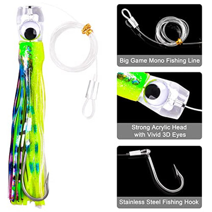 Saltwater Fishing Lures 6/9inch Trolling Lures for Marlin Mahi Tuna Dolphin Shark Big Game Deep Sea Fishing Baits Squid Skirts Rigged Hooks Ocean Gear Tackle - color: Green-1pcs, size: 9inch