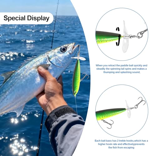 Whopper Fishing Lure for Bass：Popper Top Water Fishing Lures with Floating Rotating Tail Barb Treble Hooks Saltwater Freshwater Plopping Lures Kit - color: Blue Green