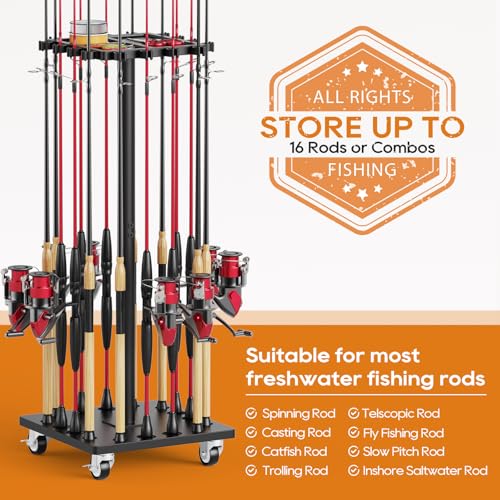 Fishing Rod Holder Rack with 360° Rotating Base – 16 poles Capacity,multi-purpose Rod Storage Rack,Easy Install & Durable Wooden Vertical Fishing Pole Holders for Ground,Black - color: Upgraded Black