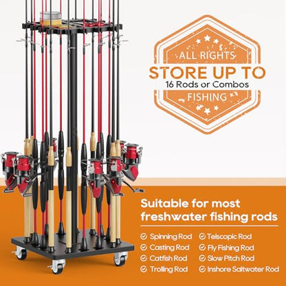 Fishing Rod Holder Rack with 360° Rotating Base – 16 poles Capacity,multi-purpose Rod Storage Rack,Easy Install & Durable Wooden Vertical Fishing Pole Holders for Ground,Black - color: Upgraded Black