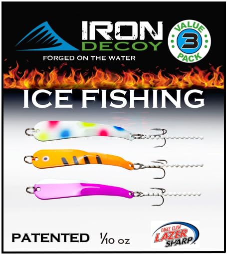 IRON DECOY Spoon Fishing Lures 3-Pack, Multi-Species Metal Spoons for Trout, Walleye, Bass, Salmon, Pike, Ice Fishing & Trolling, Vibrating Spoon Lure Kit - color: Ice Pack #2, 1/10 oz